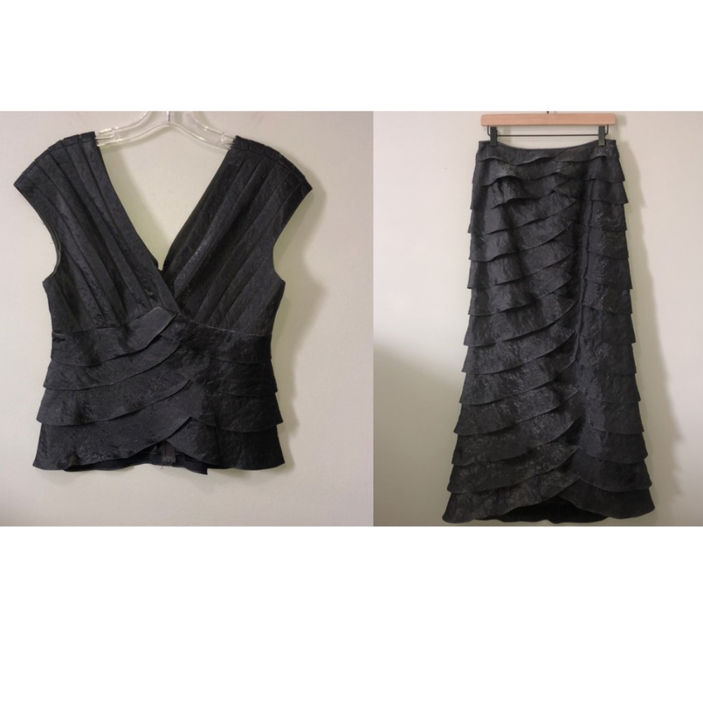 Adrianna Papell 2 Piece Formal Dress Top and Full Length Skirt Grey Metallic - Picture 1 of 13